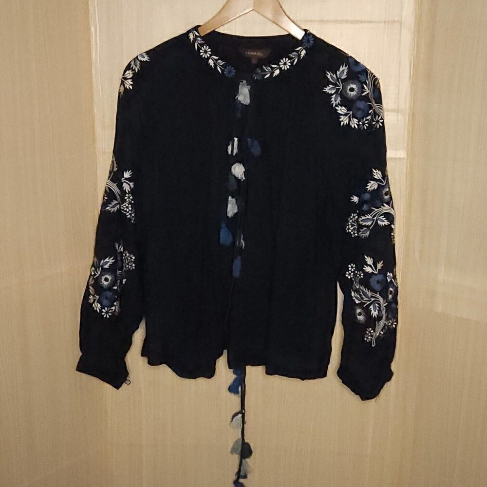 Ranna Gill Anthropologie Boho Balloon Sleeve Open Front Tassel Top Blue Large